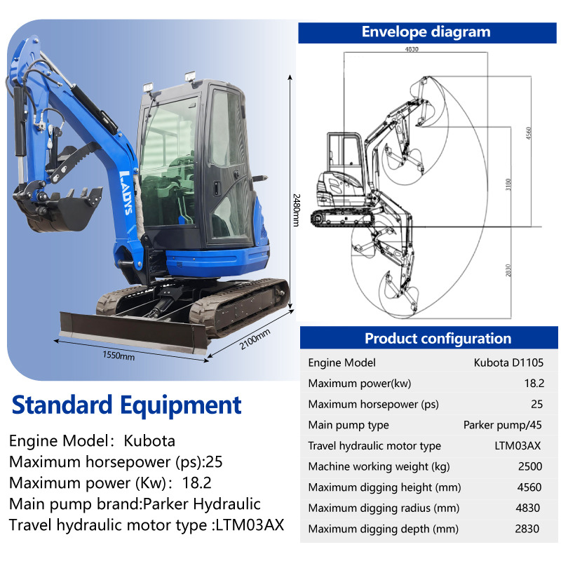 LADYS DY25U Mini Excavator CE Certification Kubota Engine(Factory Outlet) Mini Pelle Minibagger Minikoparka Miniexcavadora - Мини-экскаватор: фото 2 LADYS DY25U Mini Excavator CE Certification Kubota Engine(Factory Outlet) Mini Pelle Minibagger Minikoparka Miniexcavadora - Мини-экскаватор: фото 2