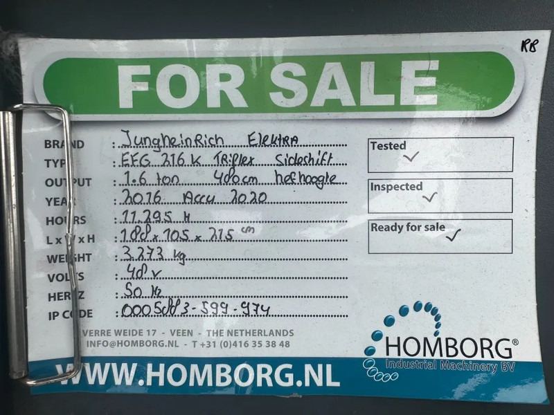 Вилочный погрузчик Jungheinrich EFG 216K 1.6 ton Triplex Freelift Sideshift Elektra Heftruck Accu 2020: фото 18 Вилочный погрузчик Jungheinrich EFG 216K 1.6 ton Triplex Freelift Sideshift Elektra Heftruck Accu 2020: фото 18