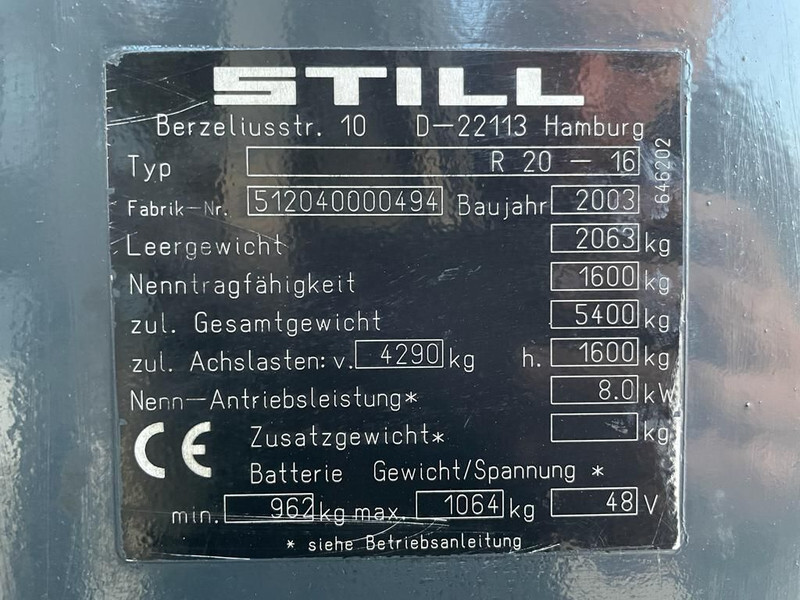Still R20-16 Elektra 1.6 ton Triplex Freelift Sideshift Heftruck - Электропогрузчик: фото 3 Still R20-16 Elektra 1.6 ton Triplex Freelift Sideshift Heftruck - Электропогрузчик: фото 3